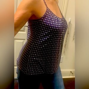 Purple camisole with black, gray, and white geometric print